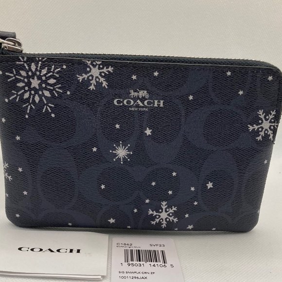 Coach Handbags - Coach Signature Corner Zip Silver and Midnight Snowflake Wristlet